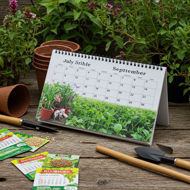 Garden calendar showing optimal sowing times for winter vegetables from July to September