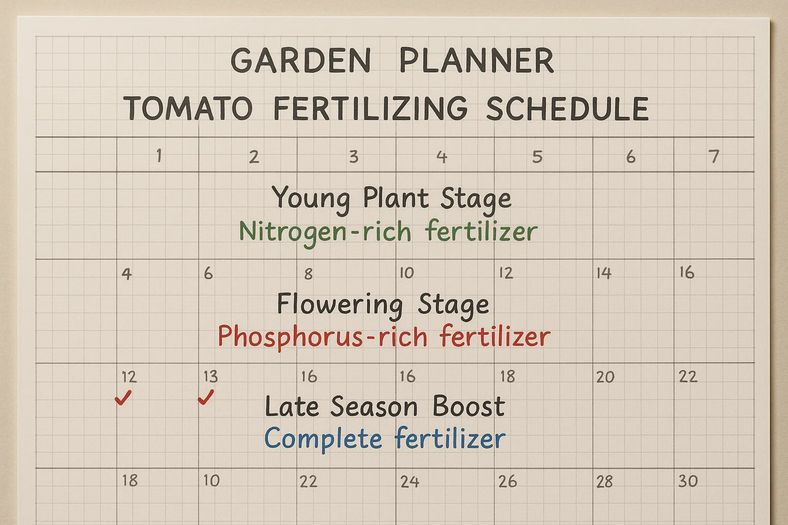 Garden calendar showing tomato fertilizing schedule with different fertilizer types marked for each growth stage