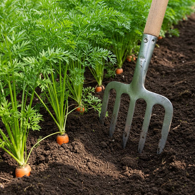 Garden fork being used to carefully harvest mature carrots from soil