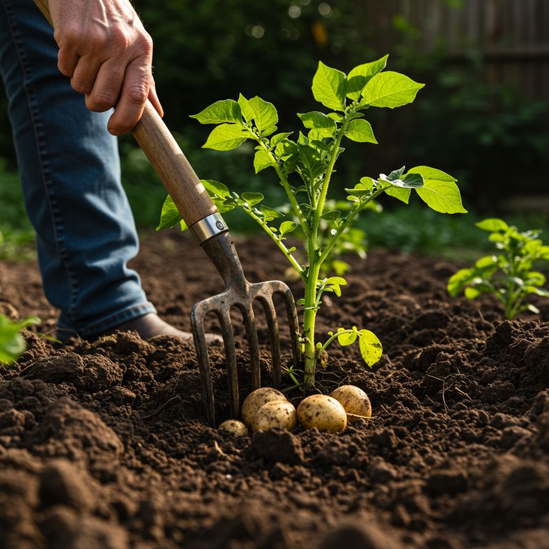 Garden fork carefully lifting potato plant showing proper harvesting technique