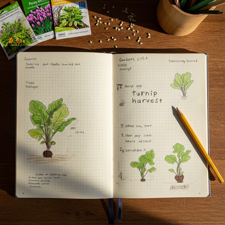 Garden journal with turnip harvest notes and seed packets for next year's planning