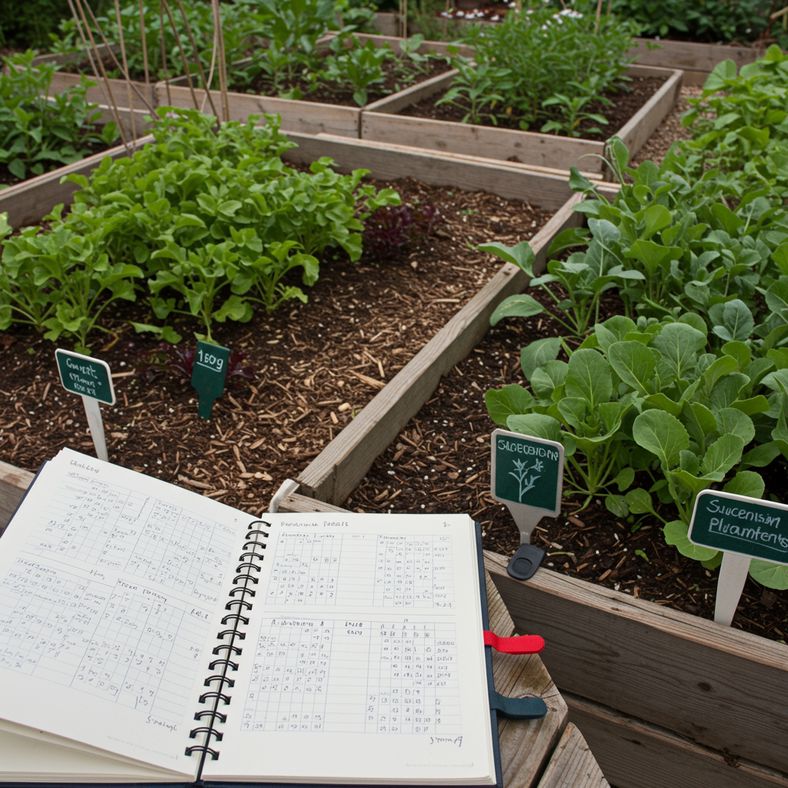 Garden planner notebook showing succession planting schedule alongside vegetable garden beds