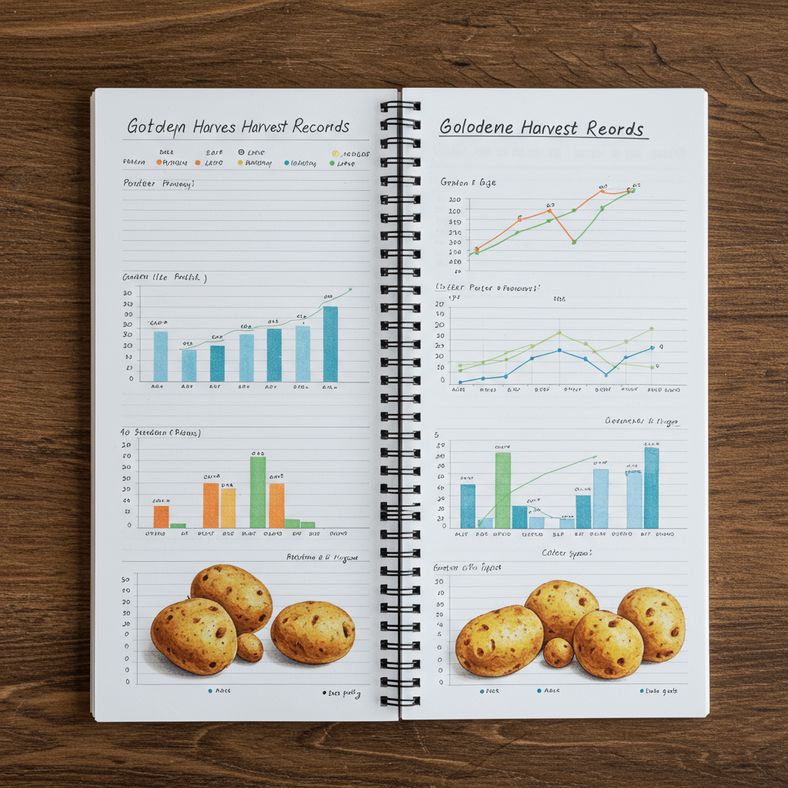 Garden planning notebook with potato harvest records and next year's planting schedule