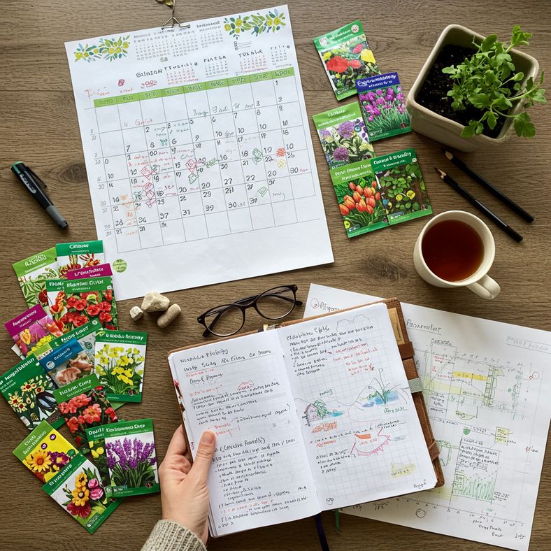 Garden planning setup with calendar, seed packets, notebook and garden layout sketches on wooden table