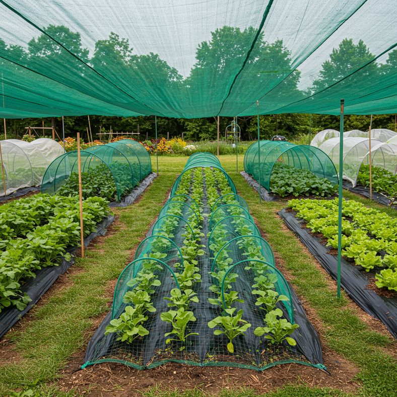 Garden protection methods showing mesh covers over seedlings and mulched beds in summer heat