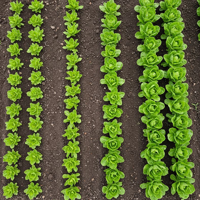 Garden rows showing different stages of lettuce growth from recent sowings to mature plants ready for harvest