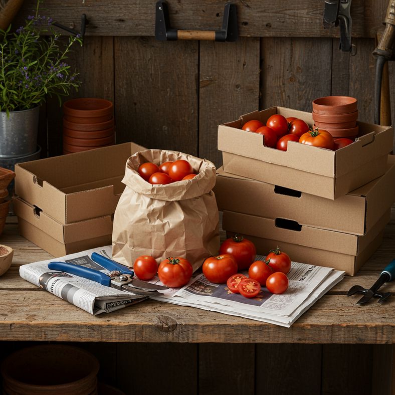 Garden secateurs, paper bags, and cardboard boxes arranged as tomato ripening supplies