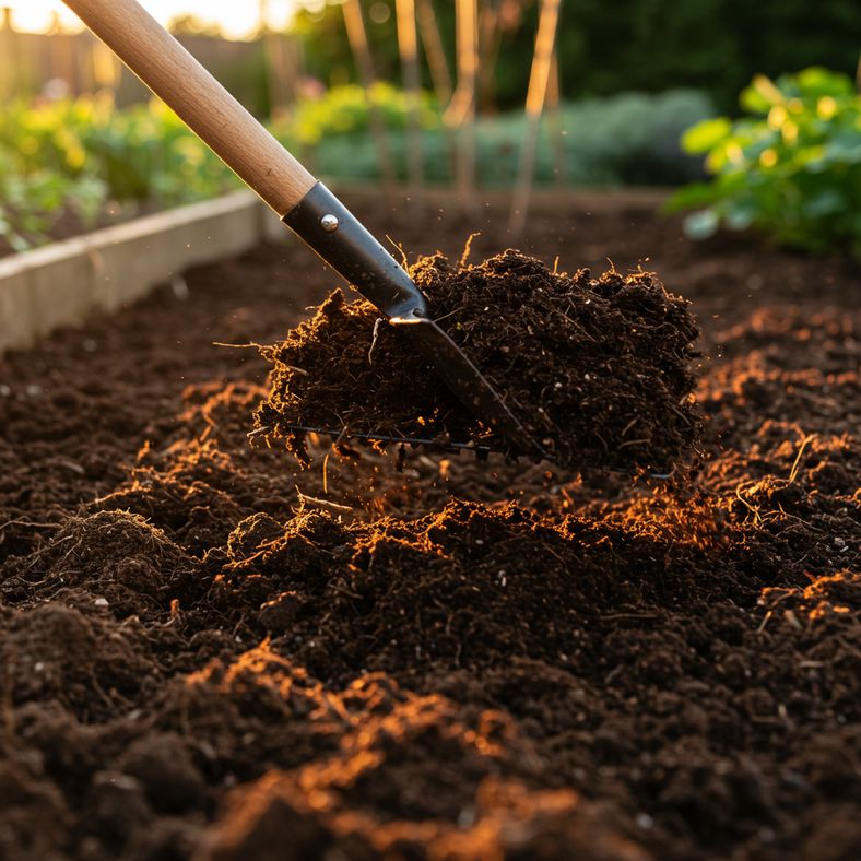 Garden spade working well-rotted compost into prepared soil bed