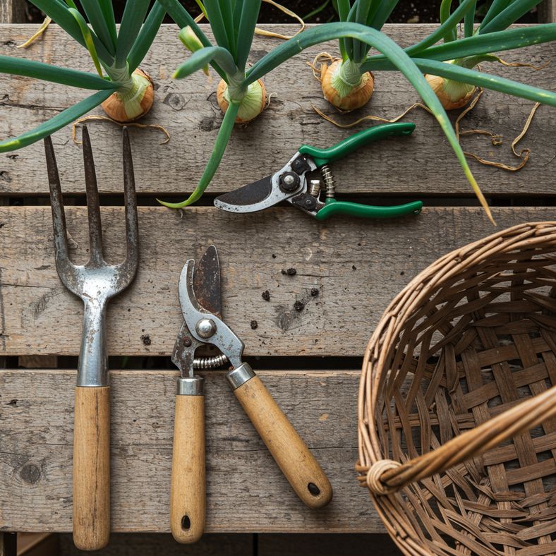 Garden tools laid out for onion harvest including fork and secateurs with mature onion plants in background