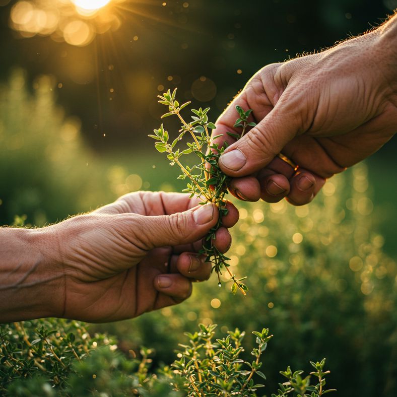 Gardener's hands harvesting fresh thyme stems in a UK garden with morning dew visible on the herb leaves