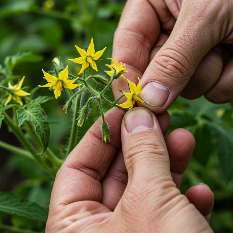 Gardener's hands removing flower clusters from tomato plant to encourage ripening