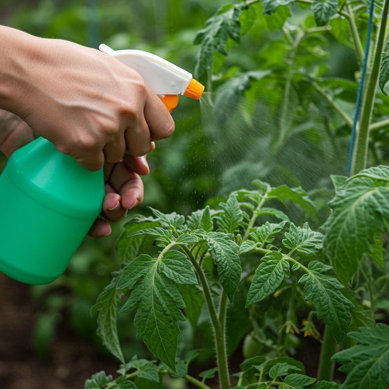 Gardener applying liquid fertilizer to tomato plant using spray bottle for foliar feeding technique
