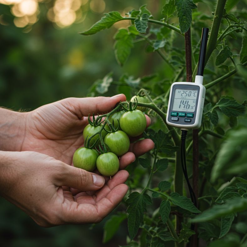 Gardener checking green tomatoes on plant with temperature gauge in background
