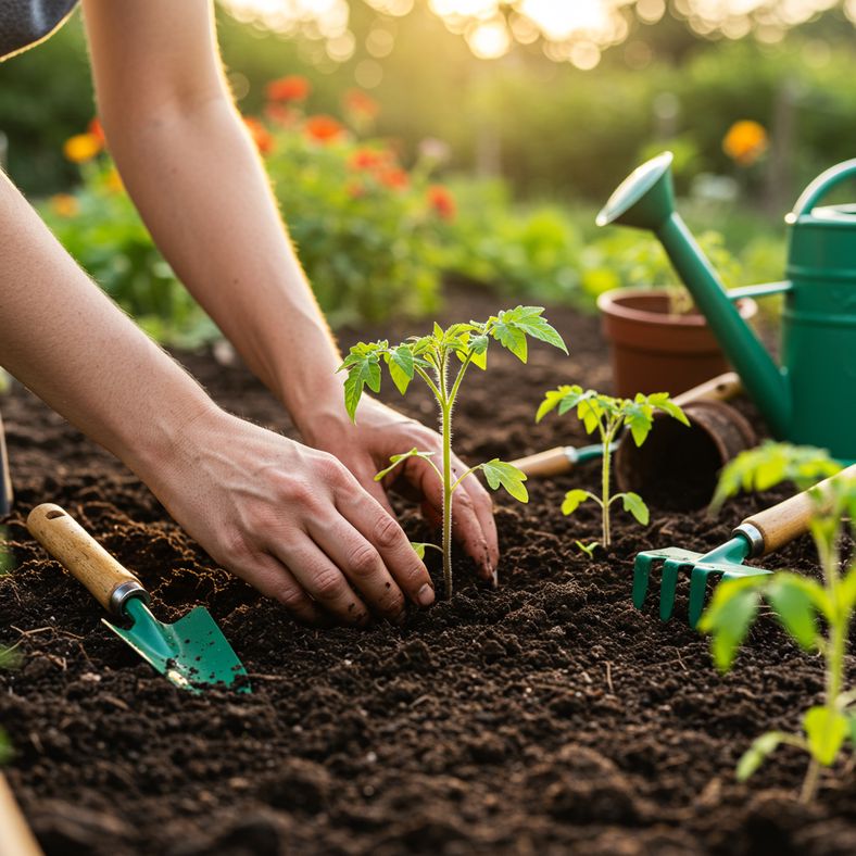 Gardener planting healthy tomato seedlings in fertile garden soil during optimal planting season