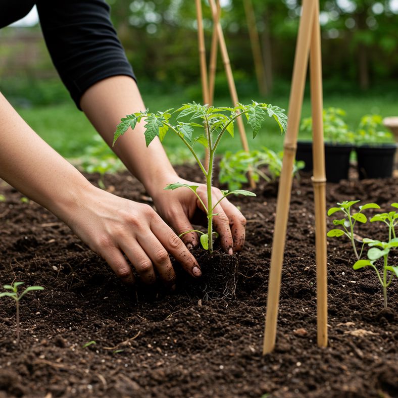Gardener planting tomato seedlings in prepared garden bed with support stakes