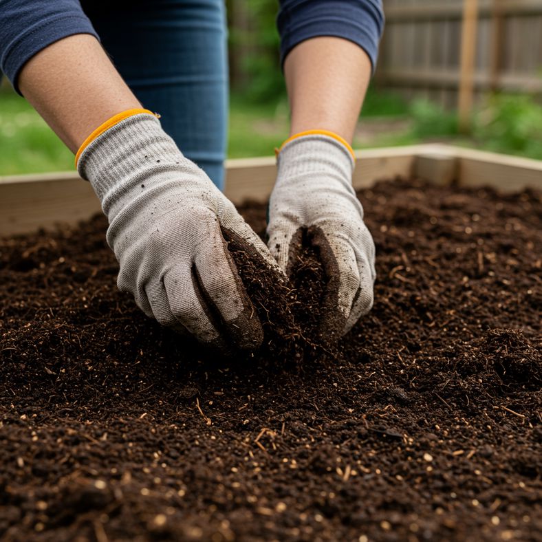 Gardener preparing raised beds with compost for winter vegetable planting in late summer