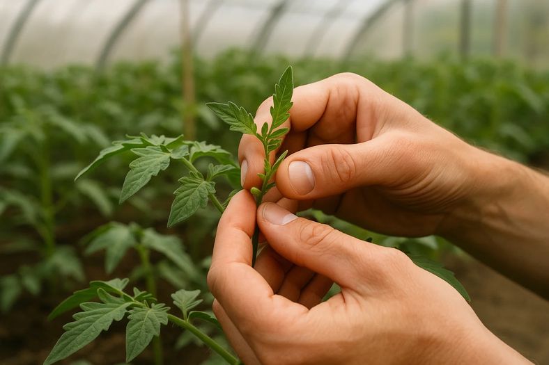 Gardener selectively pinching tomato shoots in a crowded greenhouse