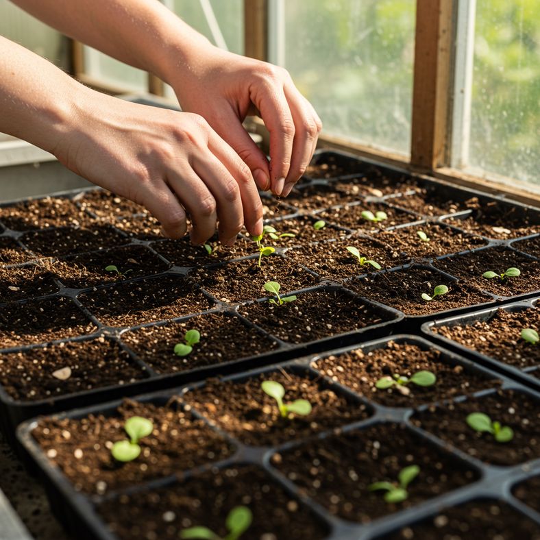 Gardener sowing cabbage seeds in modular trays during July