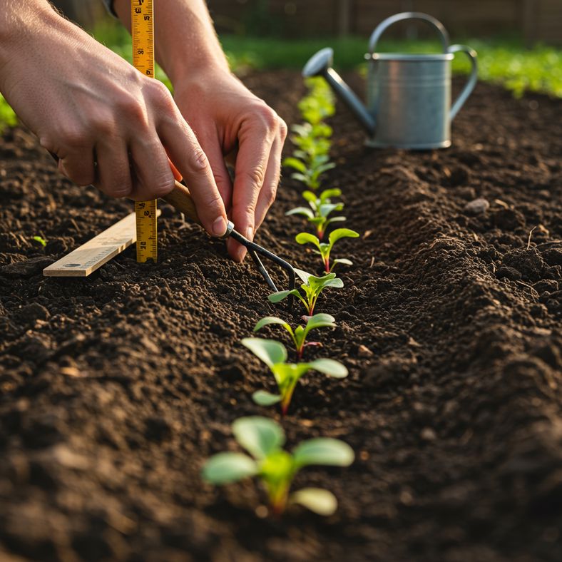 Gardener thinning radish seedlings with proper spacing technique in summer garden