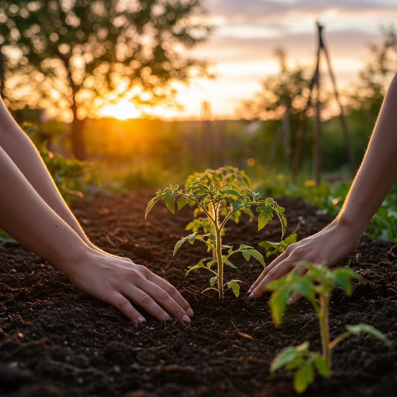 Gardener transplanting tomato seedlings during golden hour evening light