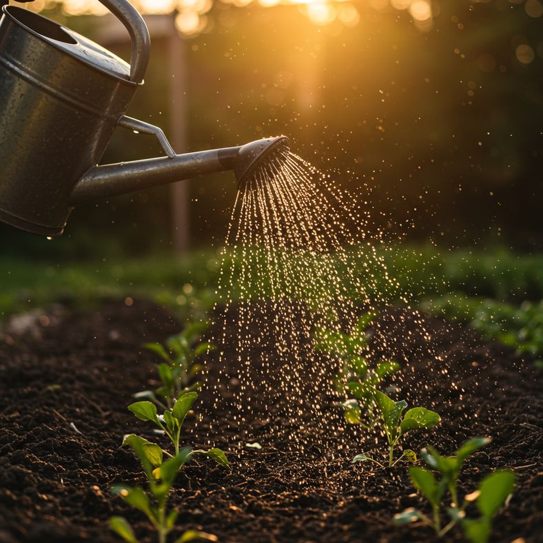 Gardener watering newly planted seedlings with fine spray attachment in summer vegetable garden