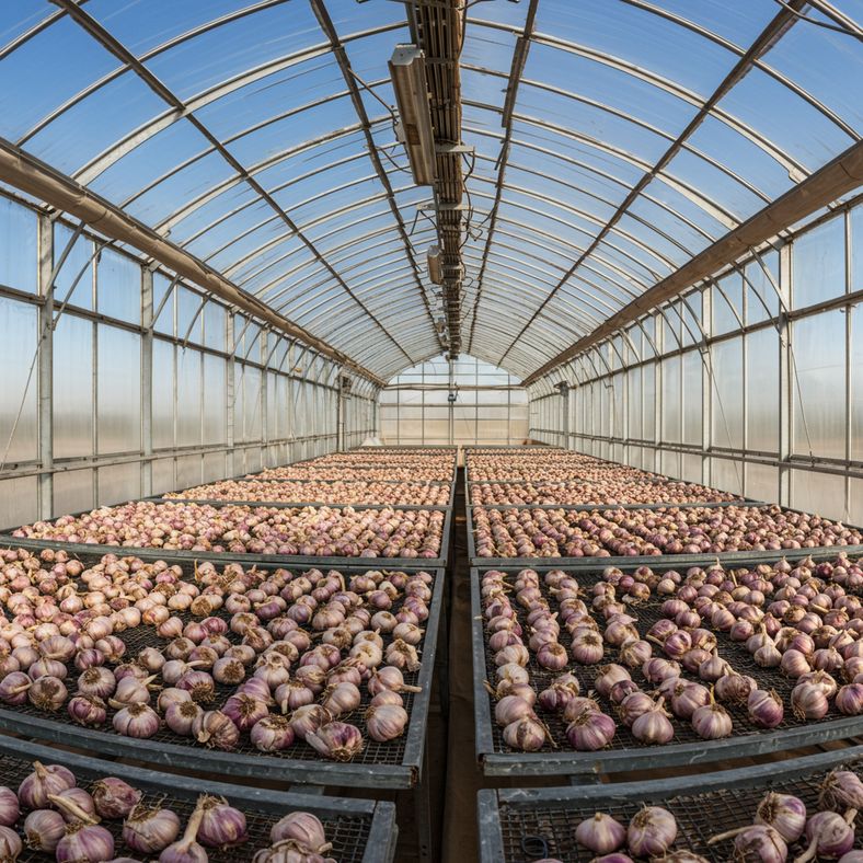 Garlic bulbs arranged on mesh drying racks in greenhouse for initial curing