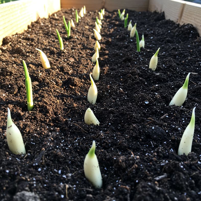 Garlic cloves being planted in raised garden bed with proper spacing