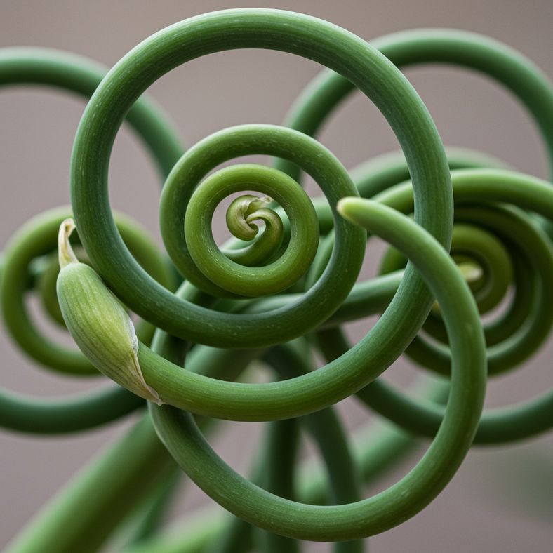 Garlic scapes with curly stems ready for harvest