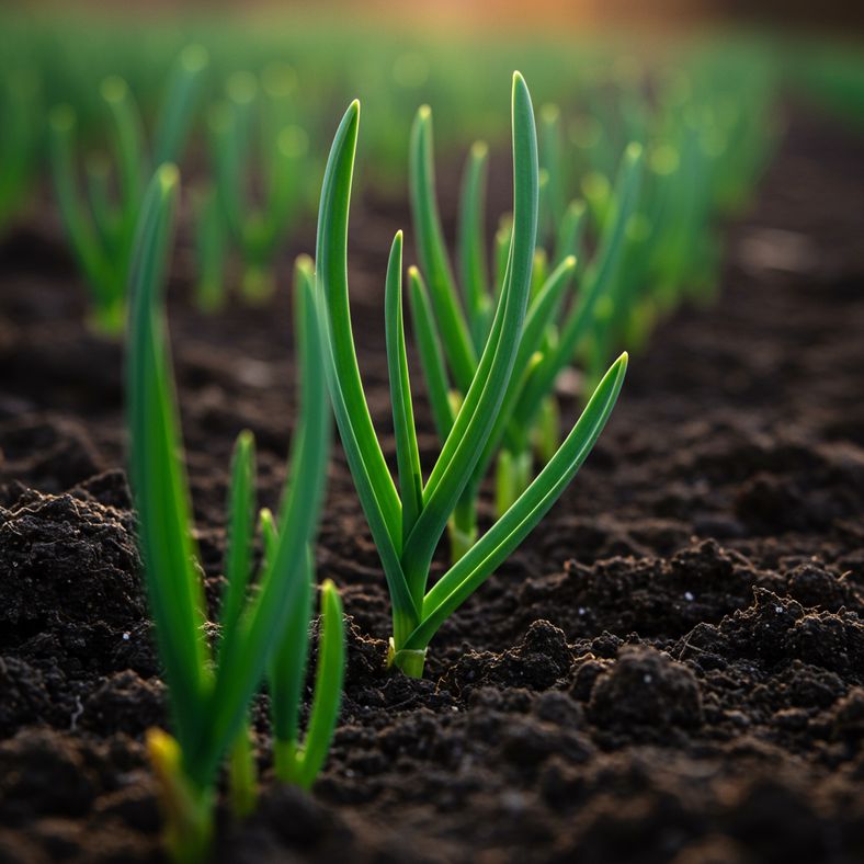 Garlic shoots emerging from soil in early spring