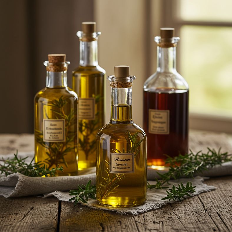 Glass bottles of herb-infused oils and vinegars with fresh rosemary and thyme sprigs on a rustic wooden table