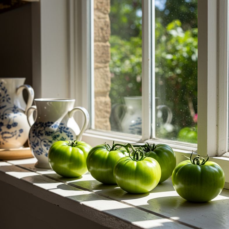 Green tomatoes arranged on sunny kitchen windowsill with natural light streaming in