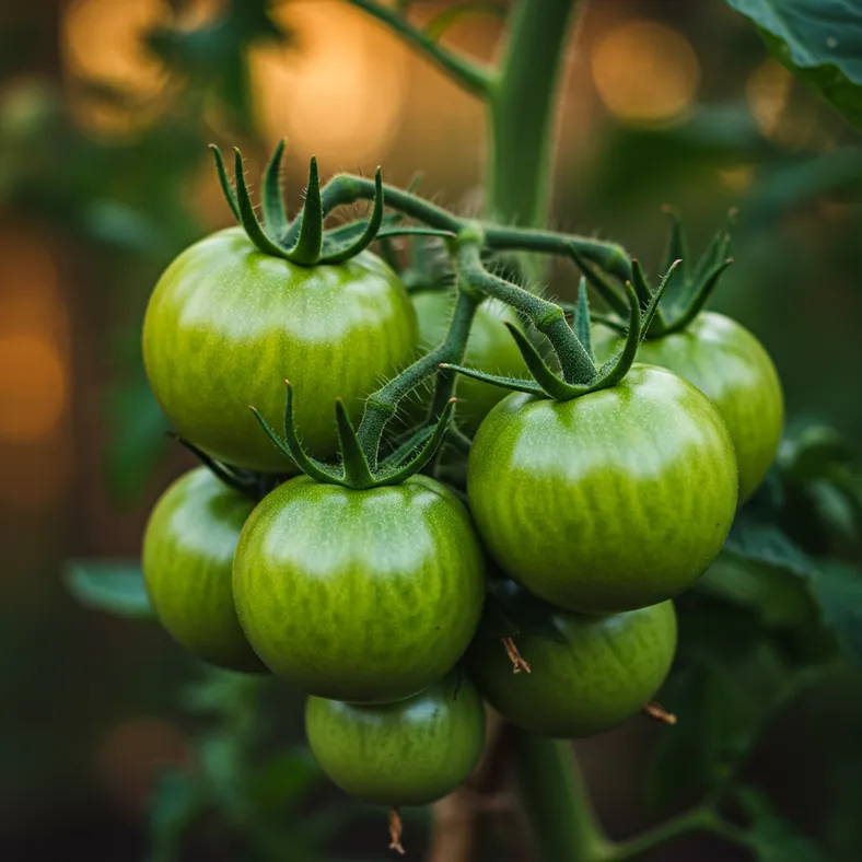 Green tomatoes ripening on vine in UK garden during August with morning dew