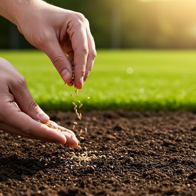 Hand holding Pronto grass seeds over prepared soil with green lawn in background