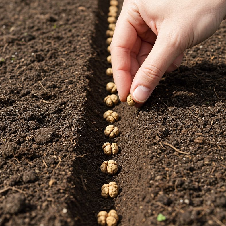 Hand sowing perpetual spinach seeds into prepared drills in garden soil, demonstrating proper seed placement and spacing techniques