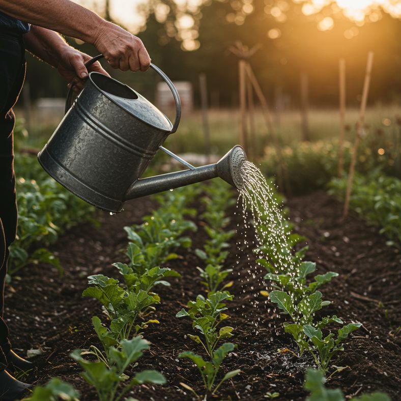 Hand watering young kale seedlings with a watering can in evening light