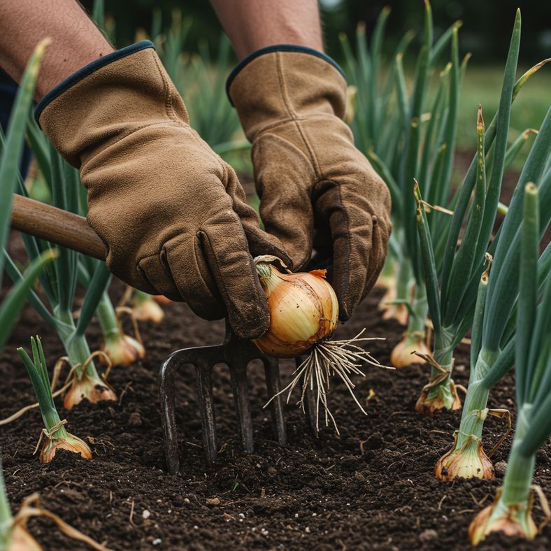 Hands carefully lifting mature onion from soil using garden fork showing proper harvesting technique