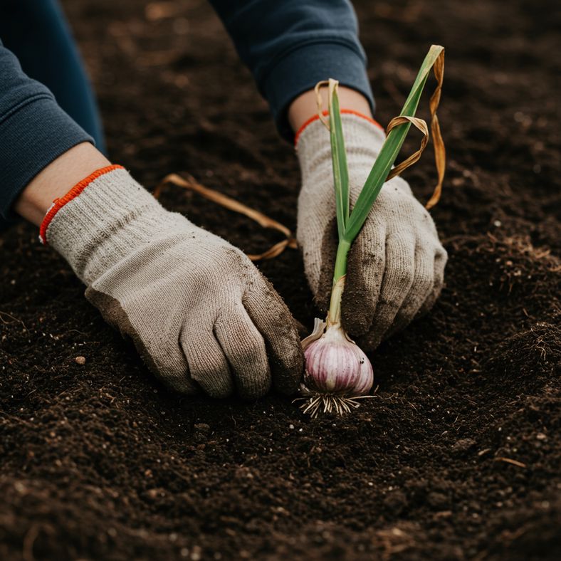 Hands gently lifting garlic bulb from soil using proper harvesting technique
