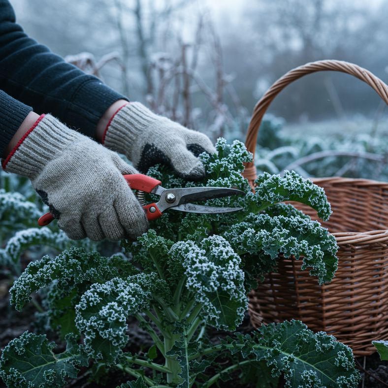 Hands harvesting mature kale leaves with frost visible on the foliage