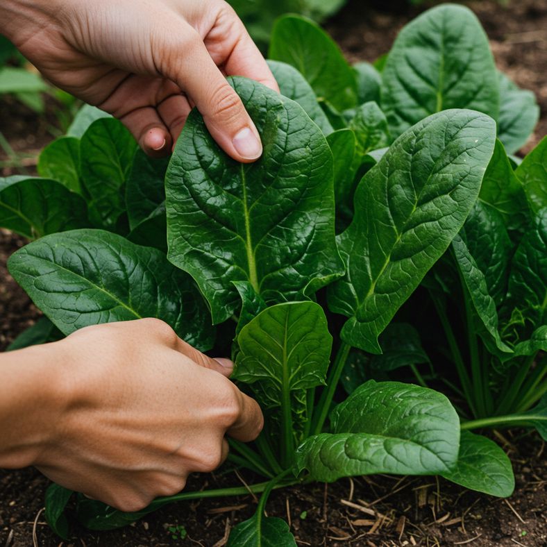 Hands harvesting mature perpetual spinach leaves from a thriving plant, demonstrating the proper technique for cut-and-come-again harvesting