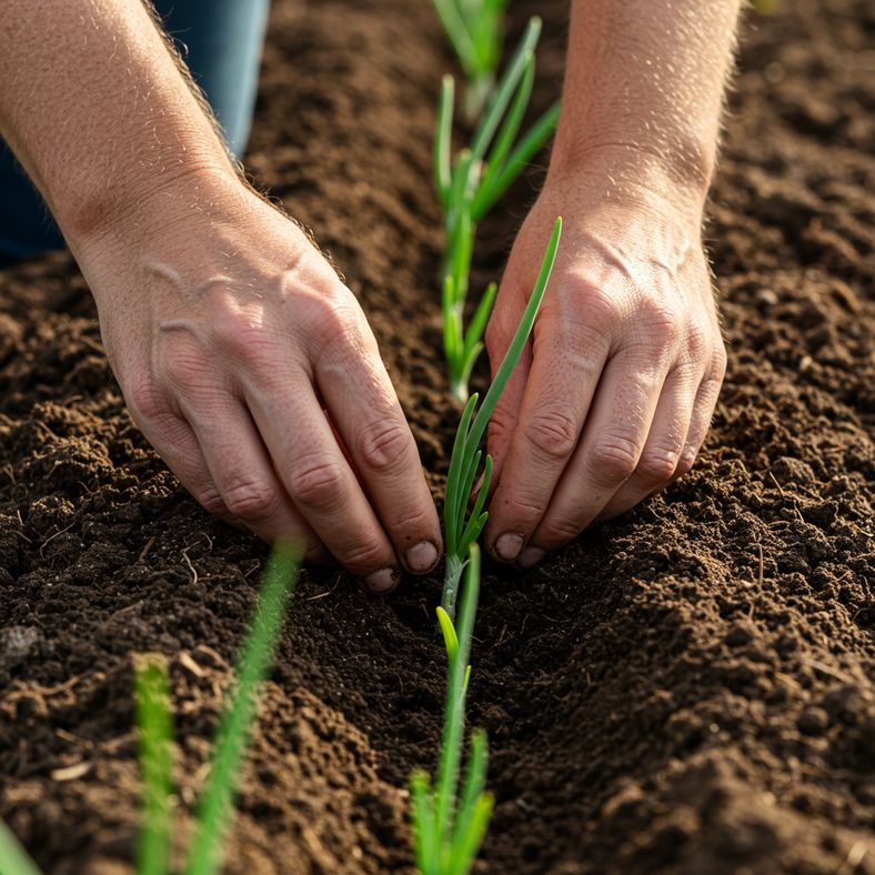 Hands planting onion seedlings in prepared garden soil