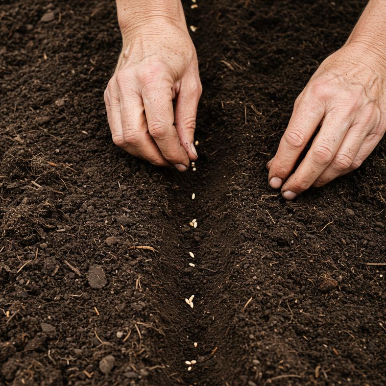 Hands planting small carrot seeds in prepared garden soil