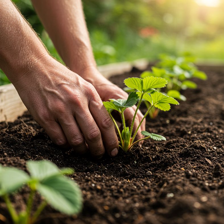 Hands planting young strawberry plants in prepared garden soil with proper spacing