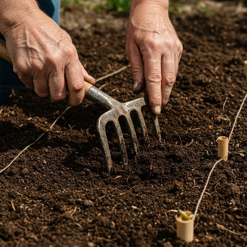 Hands preparing soil for carrot planting with garden tools and compost