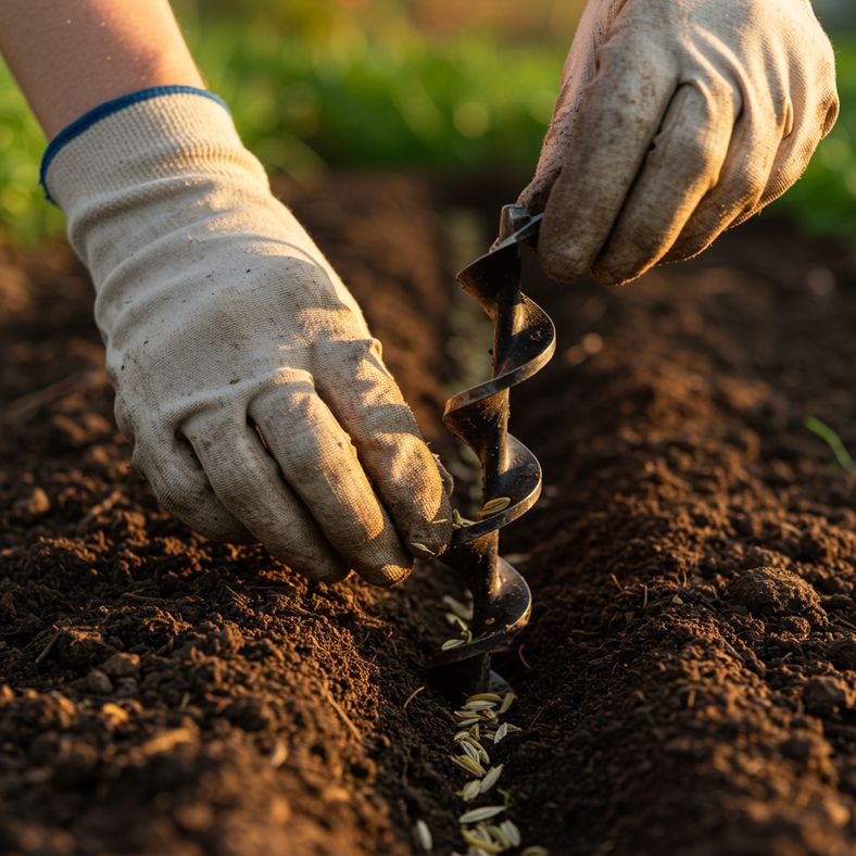 Hands sowing Florence fennel seeds in garden drill during July