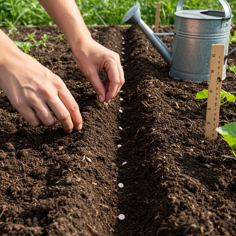 Hands sowing Swiss chard seeds in garden drill with watering can nearby