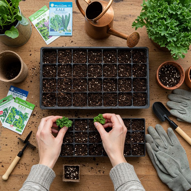 Hands sowing kale seeds in modular trays with seed packets and watering can nearby