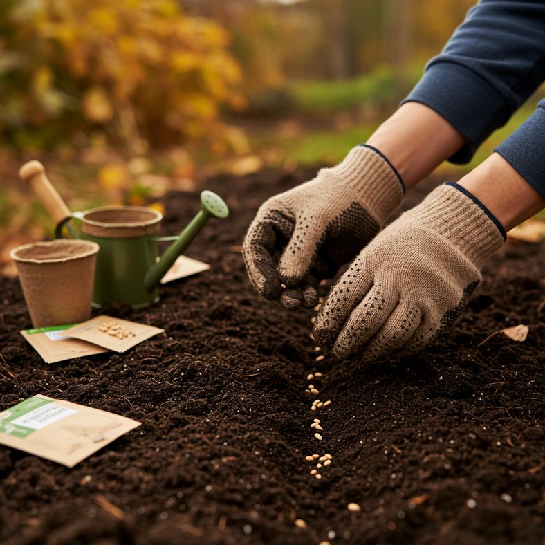 Hands sowing lettuce seeds in prepared autumn soil with garden tools and seed packets visible