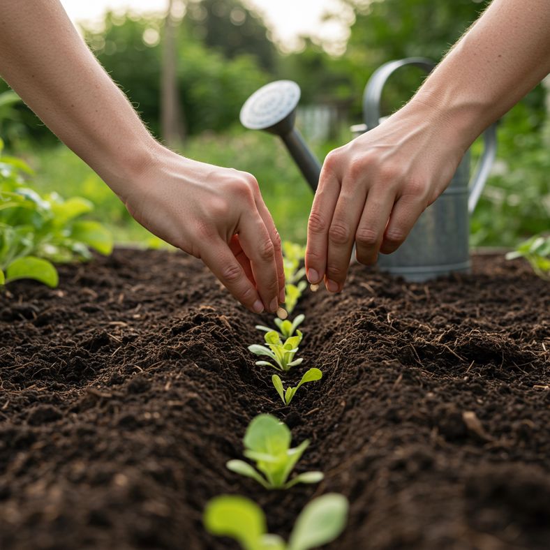 Hands sowing lettuce seeds in prepared garden drill with watering can nearby