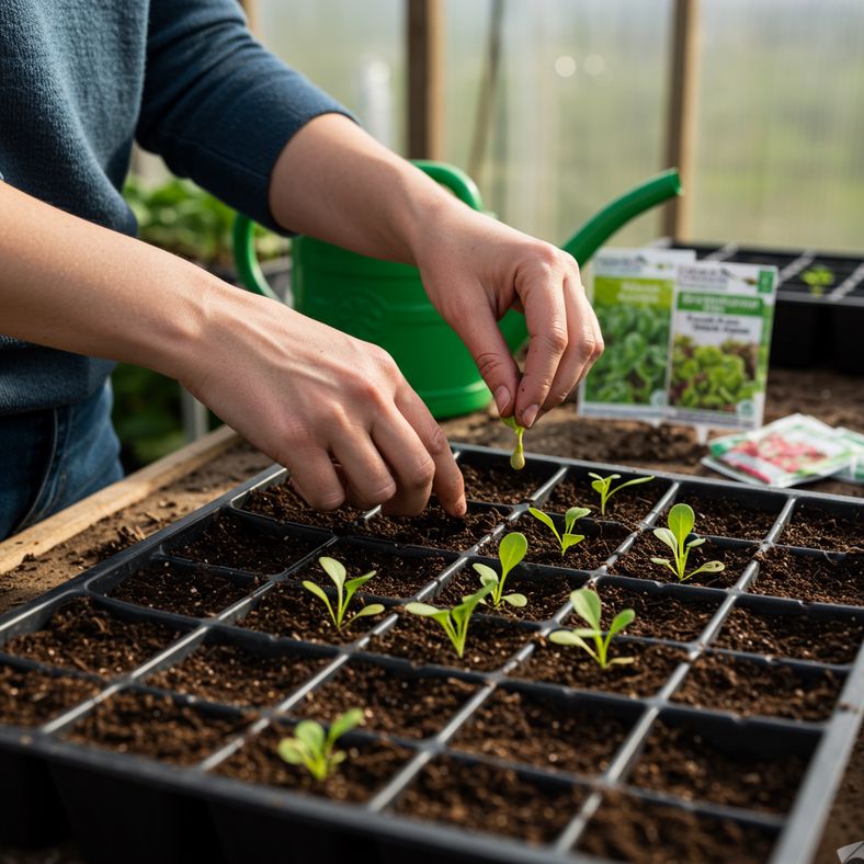 Hands sowing pak choi seeds in modules with protective covering in summer garden