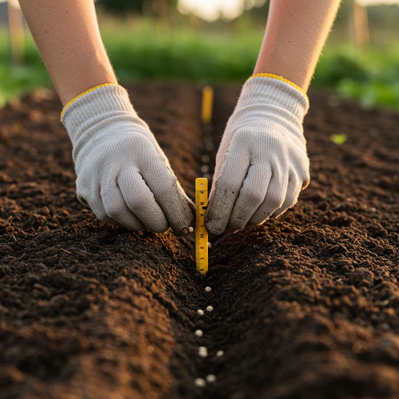 Hands sowing radish seeds in prepared garden soil with proper spacing technique